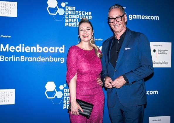 Entertainment, Presentation of the German Computer Game Award 2025 14 05 2025, xdanx, Entertainment, Presentation of the German Computer Game Award 2025 emspor, f l Ruth Moschner and Helge Juergens at the presentation of the German Computer Game Award 2025 at the Funkturm Berlin Berlin Palais am Funkturm Berlin Germany EN Copyright: xDanielxLakomskix
