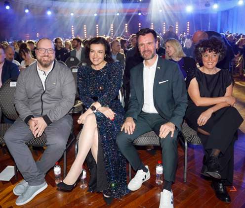 Lars Janssen, Dorothee Bär, Felix Falk and Sabiha Ghellal at the German Computer Game Award 2025