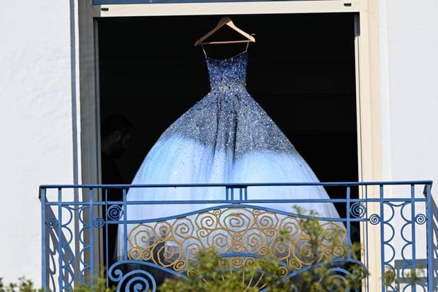 Cannes - Blue Dress On Hotel Martinez Balcony Illustration of a stunning blue dress, just minutes before a photo shoot on the balcony of the Martinez in Cannes, France on May 15, 2025. Photo by Florian Poitout ABACAPRESS.COM Cannes France  Copyright: xPoitoutxFlorian ABACAx