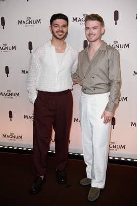 Cannes Magnum Party NG Andrew Spanndy and Max Balegde attending the Magnum Party Photocall at Magnum Beach in Cannes, France on May 15 2025 as part of the 78th Cannes Film Festival. Photo by Nicolas Genin ABACAPRESS.COM Cannes France  Copyright: xGeninxNicolas ABACAx