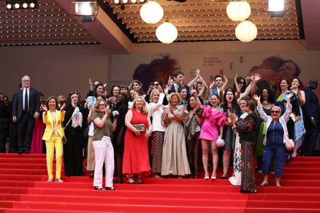 May 16, 2025, Cannes, Cote D azur, France: Led by JULIE GAYET, a protest for Women Right occured on the red carpet for the La Petite Derniere Premiere screening at the 78th Annual Cannes Film Festival at Palais des Festivals in Cannes, France Cannes France - ZUMAc179 20250516_zep_c179_228 Copyright: xMickaelxChavetx