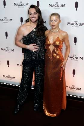 Riccardo Simonetti and Caroline Daur at the Magnum Cannes Beach Party as part of the Festival de Cannes 2025 78 Cannes International Film Festival at the Magnum Beach Palais StÃ phanie Cannes, 15 05 2025 Foto:xD.xBedrosianx xFuturexImagex magnum_5522