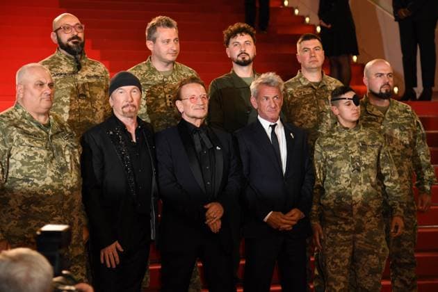 Cannes Bono Stories of Surrender Premiere AM The Edge, Bono, Sean Penn, Olha Rukavishnikova attending the Bono: Stories of Surrender Premiere in Cannes, France on May 16, 2025 as part of the 78th Cannes Film Festival. Photo by Aurore Marechal ABACAPRESS.COM Cannes France  Copyright: xMarechalxAurore ABACAx