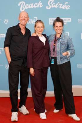 Lucas Schmidt, Maren Schmitt and Louise Peter at the reception hosted by the state government of North Rhine-Westphalia, the Film und Medienstiftung NRW and the Production Alliance on the occasion of the 78th Cannes International Film Festival at the Vilebrequin La Plage Ondine Restaurant Beach Club Cannes, 16 05 2025 Foto:xK.xKriegerx xFuturexImagex nrw_5552