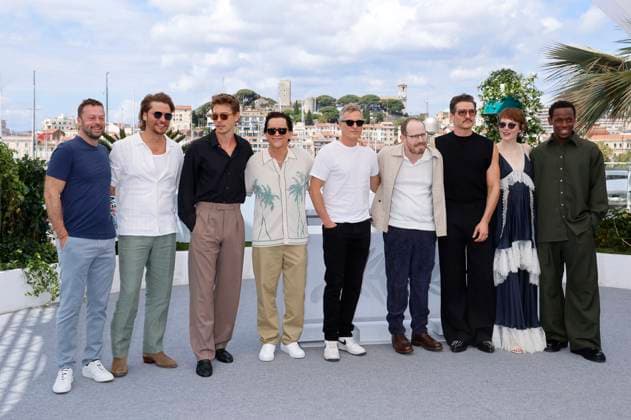 Lars Knudsen, Luke Grimes, Austin Butler, Clifton Collins Jr , Joaquin Phoenix, Ari Aster, Pedro Pascal, Emma Stone and Micheal Ward at the photocall for the feature film Eddington at the Festival de Cannes 2025 78 Cannes International Film Festival at the Palais des Festivals Cannes, 17 05 2025 Foto:xD.xBedrosianx xFuturexImagex eddington_call_5501