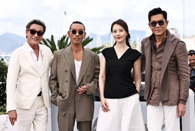 (250517) -- CANNES, May 17, 2025 -- Actor Tony Leung Ka-Fai, director, screenwriter and producer Juno Mak, actress Gao Yuanyuan and actor Louis Koo (L-R), arrive for the photocall of the film Fung Lam Fo Saan (Sons of the Neon Night) at the 78th edition of the Cannes Film Festival in Cannes, southern France, on May 17, 2025. ) FRANCE-CANNES-FILM FESTIVAL- FUNG LAM FO SAAN -PHOTOCALL GaoxJing 