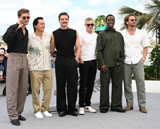 British actor Michael Ward, Chilean- American actor Pedro Pascal, American actors Luke Grimes, Joaquin Phoenix, Clifton Collins Jr, and Austin Butler attend the photo call for Eddington at the 78th Cannes Film Festival in Cannes, France on Saturday May 17, 2025.  CAN20250517104 RUNExHELLESTAD