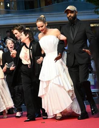 Scottish director Lynn Ramsay, British actor Robert Pattinson, American actresses Jennifer Lawrence, Sissy Spacek and actor LaKeith Stanfield attend the premiere of Die My Love at the 78th Cannes Film Festival in Cannes, France on Saturday May 17, 2025.  CAN20250517162 RUNExHELLESTAD