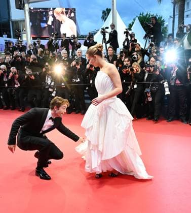 British actor Robert Pattinson and American actress Jennifer Lawrence attend the premiere of Die My Love at the 78th Cannes Film Festival in Cannes, France on Saturday May 17, 2025.  CAN20250517169 RUNExHELLESTAD