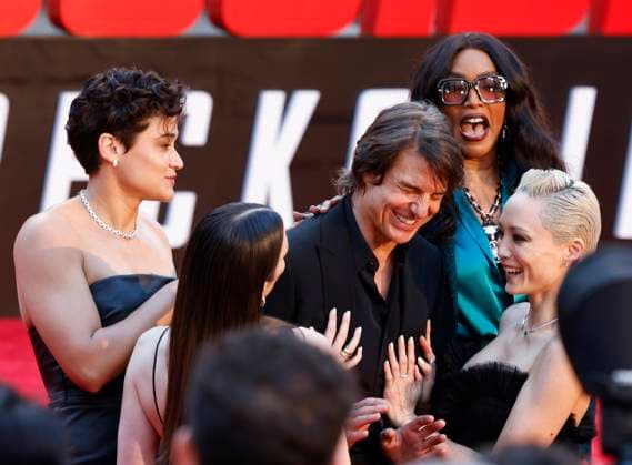 Katy O Brian, Pom Klementieff, Hayley Atwell, Angela Bassett and Tom Cruise arrive on the red carpet at the Mission: Impossible The Final Reckoning New York Premiere at Lincoln Center on Sunday, May 18, 2025 in New York City.  NYP20250518220 JOHNxANGELILLO
