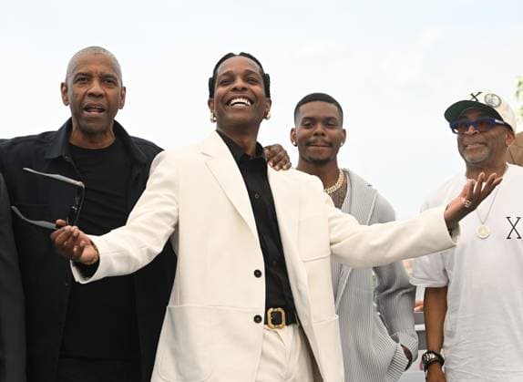American director Spike Lee, actors Denzel Washington, Aubrey Joseph and actor musician Asap Rocky attend the photo call for Highest 2 Lowest at the 78th Cannes Film Festival in Cannes, France on Monday May 19, 2025.  CAN20250519157 RUNExHELLESTAD