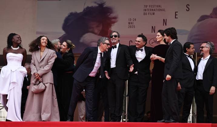 (250519) -- CANNES, May 19, 2025 -- Brazilian director Kleber Mendonca Filho (5th L) and cast members leave after the screening of the film The Secret Agent at the 78th edition of the Cannes Film Festival in Cannes, southern France, on May 18, 2025. ) FRANCE-CANNES-FILM FESTIVAL-THE SECRET AGENT-SCREENING GaoxJing 