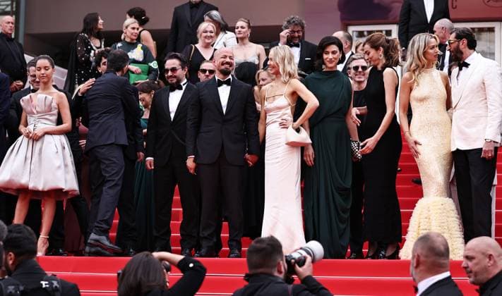 (250520) -- CANNES, May 20, 2025 -- Swedish director Tarik Saleh (C, front) leaves with cast members after the screening of the film Eagles of the Republic at the 78th edition of the Cannes Film Festival in Cannes, southern France, on May 19, 2025. ) FRANCE-CANNES-FILM FESTIVAL-EAGLES OF THE REPUBLIC-SCREENING GaoxJing 