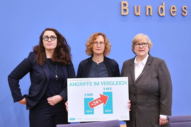 Bilder des Jahres 2025, News 05 Mai News Themen der Woche KW21 News Bilder des Tages Berlin, Deutschland, 20.05.2025: Bundespressekonferenz: Vorstellung Jahresstatistik 2024 zu rechter, rassistischer und antisemitischer Gewalt sowie zum Anstieg insbesondere bei rassistisch, rechts und queerfeindlich motivierten Gewalttaten: Seda Basay-Yildiz, Judith Porath und Beate Rudolf stellen die Statistik vor *** Berlin, Germany, 20 05 2025 Federal Press Conference Presentation of the 2024 annual statistics on right-wing, racist and anti-Semitic violence and the rise in racist, right-wing and anti-queer violence in particular Seda Basay Yildiz, Judith Porath and Beate Rudolf present the statistics Copyright: xdtsxNachrichtenagenturx dts_67881