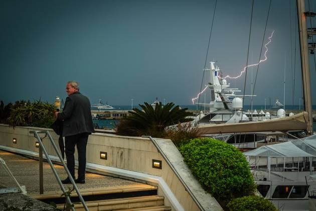 rains , Palais des Festivals, Cannes, France Lightning over the sea as it rains during the 78th Festival de Cannes (Cannes International Film Festival) at Palais des Festivals, Cannes, , France on 20 May 2025. Picture, Credit:Julie Edwards Avalon France, French Riviera, Cannes, Palais des Festivals  Copyright: xJuliexEdwardsx xAvalonx 1001362762