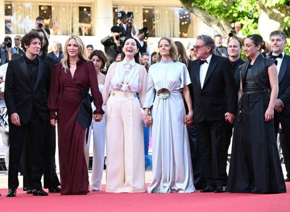 American actress Jodie Foster, French actresses Virginie Efira, Luana Bajrami, actors Vincent Lacoste, Daniel Auteuil, and director Rebecca Zlotowski attend the premiere of A Private Life at the 78th Cannes Film Festival in Cannes, France on Tuesday May 20, 2025.  CAN20250520160 RUNExHELLESTAD