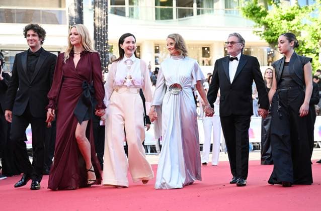 American actress Jodie Foster, French actresses Virginie Efira, Luana Bajrami, actors Vincent Lacoste, Daniel Auteuil, and director Rebecca Zlotowski attend the premiere of A Private Life at the 78th Cannes Film Festival in Cannes, France on Tuesday May 20, 2025.  CAN20250520161 RUNExHELLESTAD
