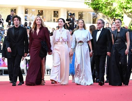 American actress Jodie Foster, French actresses Virginie Efira, Luana Bajrami, actors Vincent Lacoste, Daniel Auteuil, and director Rebecca Zlotowski attend the premiere of A Private Life at the 78th Cannes Film Festival in Cannes, France on Tuesday May 20, 2025.  CAN20250520162 RUNExHELLESTAD