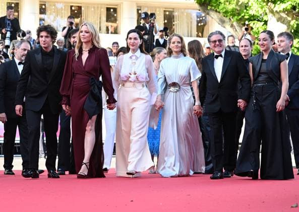 American actress Jodie Foster, French actresses Virginie Efira, Luana Bajrami, actors Vincent Lacoste, Daniel Auteuil, and director Rebecca Zlotowski attend the premiere of A Private Life at the 78th Cannes Film Festival in Cannes, France on Tuesday May 20, 2025.  CAN20250520163 RUNExHELLESTAD