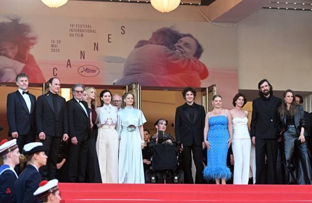 American actress Jodie Foster, French actresses Irene Jacob, Sophie Guillemin, Virginie Efira, Luana Bajrami, actors Vincent Lacoste, Daniel Auteuil and director Rebecca Zlotowski attend the premiere of A Private Life at the 78th Cannes Film Festival in Cannes, France on Tuesday May 20, 2025.  CAN20250520165 RUNExHELLESTAD