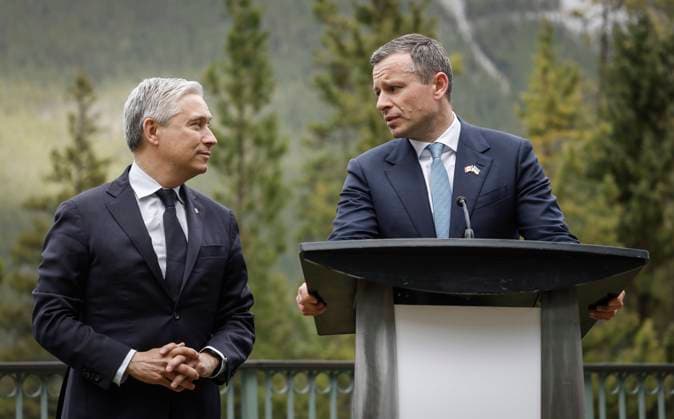 May 20, 2025, Banff, Ab, CANADA: Ukraine Minister of Finance, Sergii Marchenko, right, and Canada s Finance Minister Francois-Philippe Champagne speak to the media prior to the G7 Finance Ministers meeting in Banff, Alta., Tuesday, May 20, 2025. Banff CANADA - ZUMAc35_ 20250520_zaf_c35_036 Copyright: xJeffxMcintoshx