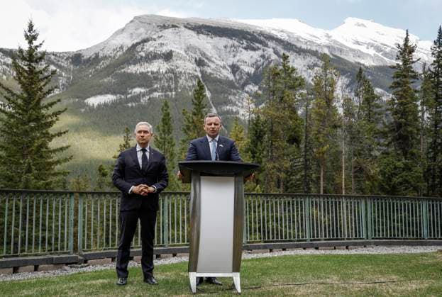 May 20, 2025, Banff, Ab, CANADA: Ukraine Minister of Finance, Sergii Marchenko, right, and Canada s Finance Minister Francois-Philippe Champagne speak to the media prior to the G7 Finance Ministers meeting in Banff, Alta., Tuesday, May 20, 2025. Banff CANADA - ZUMAc35_ 20250520_zaf_c35_039 Copyright: xJeffxMcintoshx