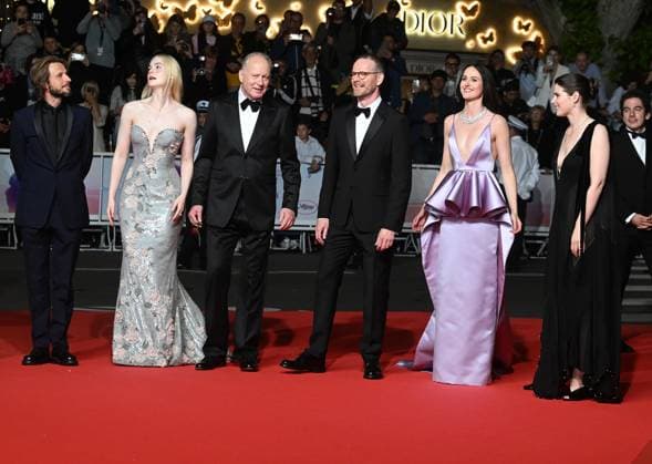 American actress Elle Fanning , Swedish actor Stellan Skarsgard, Norwegian director Joachim Trier, actor Anders Danielsen Lie, actresses Inga Ibsdotter Lilleaas and Renate Reinsve attend the premiere of Sentimental Value at the 78th Cannes Film Festival in Cannes, France on Wednesday May 21, 2025.  CAN20250521143 RUNExHELLESTAD