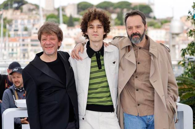 Pierpaolo Capovilla, Filippo Scotti and Sergio Romano at the photocall for the feature film Le cittÃ di pianura The Last One for the Road at the Festival de Cannes 2025 78 Cannes International Film Festival at the Palais des Festivals Cannes, 22 05 2025 Foto:xD.xBedrosianx xFuturexImagex road_5507