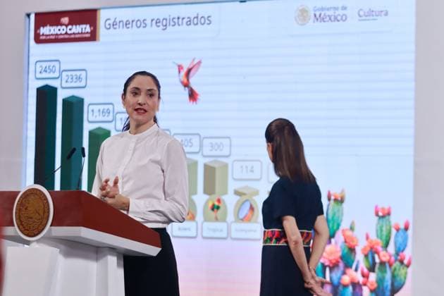 Mexico™s President Claudia Sheinbaum Holds Briefing Mexico s Culture Minister Claudia Curiel de Icaza, speaks during a news conference about the recovery of the bicentennial park by presidential order, as well as on the Mexico Canta program at National Palace. on May 23, 2025 in Mexico City, Mexico. (Photo by Carlos Santiago Eyepix Group) Copyright: xCarlosxSantiago xEyepixxGroupx CS_23052025_156196