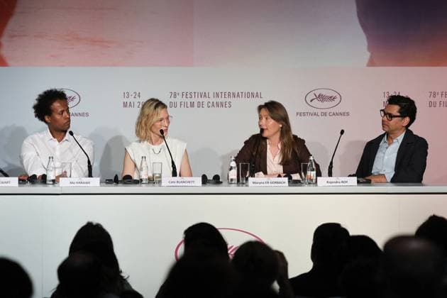 Cannes - The Displacement Film Fund Press Conference Mo Harawe, Cate Blanchett, Maryna Er Gorbach and Rajendra Roy during the Displacement Film Fund press conference at the 78th annual Cannes Film Festival at Palais des Festivals on May 23, 2025 in Cannes, France. Photo by Jean-Marc Haedrich Pool ABACAPRESS.COM Cannes Provence-Alpes-Cote d Azur France  Copyright: xHaedrichxJean-Marc Pool ABACAPRESS.COMx
