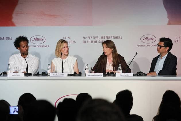 Cannes - The Displacement Film Fund Press Conference Mo Harawe, Cate Blanchett, Maryna Er Gorbach and Rajendra Roy during the Displacement Film Fund press conference at the 78th annual Cannes Film Festival at Palais des Festivals on May 23, 2025 in Cannes, France. Photo by Jean-Marc Haedrich Pool ABACAPRESS.COM Cannes Provence-Alpes-Cote d Azur France  Copyright: xHaedrichxJean-Marc Pool ABACAPRESS.COMx
