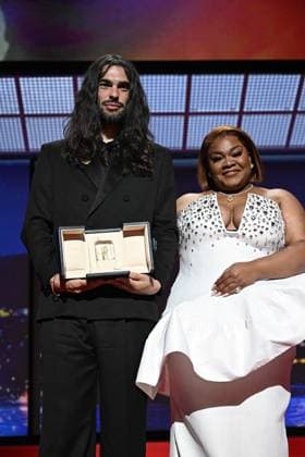 Cannes - Closing Ceremony French-Spanish film director Oliver Laxe and Da Vine Joy Randolph on stage after he won the Jury Prize for the film Sirat during the closing ceremony at the 78th edition of the Cannes Film Festival in Cannes, France, on May 24, 2025. Photo by David Niviere ABACAPRESS.COM Cannes France  Copyright: xNivierexDavid ABACAPRESS.COMx