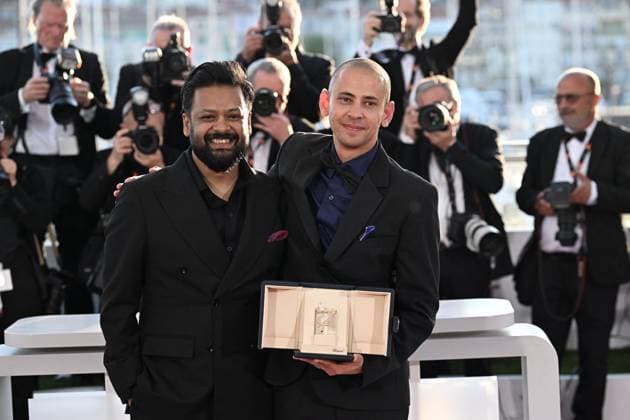 Cannes - Palme D Or Winners Photocall Tawfeek Barhom and Adnan Al Rajeev pose with the Palme d’Or for Best Short Film for I m Glad You re Dead Now during the Palme D Or winners photocall at the 78th annual Cannes Film Festival at Palais des Festivals on May 24, 2025 in Cannes, France, on May 24, 2025. Photo by David Niviere ABACAPRESS.COM Cannes France  Copyright: xNivierexDavid ABACAPRESS.COMx