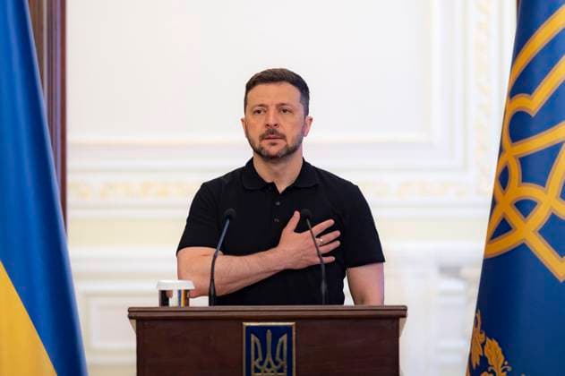 May 27, 2025, Kyiv, Kiev Oblast, Ukraine: Ukrainian President Volodymyr Zelenskyy, stands for national anthem during an awards ceremony honoring Special Operation Forces and family members at the Awards Hall of the Mariinsky Palace, May 27, 2025, in Kyiv, Ukraine. Zelenskyy decreed that May 27th will now be Special Operation Forces day. Kyiv Ukraine - ZUMAp138 20250527_zaa_p138_001 Copyright: xUkrainexPresidency UkrainianxPrex