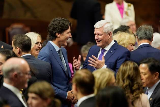 May 27, 2025, Ottawa, On, Canada: Former prime ministers Justin Trudeau, left, and Stephen Harper speak ahead of King Charles delivering the speech from the throne in the Senate in Ottawa on Tuesday, May 27, 2025. Ottawa Canada  - ZUMAc35_ 20250527_zaf_c35_326 Copyright: xAdrianxWyldx