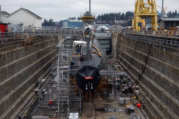 December 18, 2023, Esquimalt, Bc, Canada: HMCS Corner Brook, a Victoria-class submarine, sits in drydock at CFB Esquimalt in Esquimalt B.C., on Monday, December 18, 2023. Esquimalt Canada  - ZUMAc35_ 20231218_zaf_c35_082 Copyright: xChadxHipolitox
