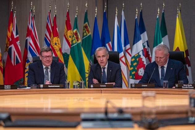 June 2, 2025, Saskatoon, Sk, CANADA: Premier of Saskatchewan Scott Moe, left to right, Prime Minister Mark Carney, and Premier of Ontario Doug Ford, speaks to media during the First MinisteröÄÃ s Meeting in Saskatoon on Monday, June 2, 2025. Saskatoon CANADA - ZUMAc35_ 20250602_zaf_c35_020 Copyright: xLiamxRichardsx