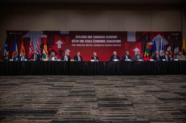 June 2, 2025, Saskatoon, Sk, CANADA: Prime Minister Mark Carney, centre, and the Premiers of Canada speak to media following the First MinisteröÄÃ s Meeting in Saskatoon, Sask., Monday, June 2, 2025. Saskatoon CANADA - ZUMAc35_ 20250602_zaf_c35_219 Copyright: xLiamxRichardsx