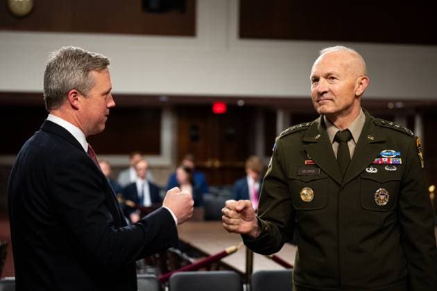 Senate Armed Services Committee UNITED STATES - JUNE 5: From left, Secretary of the Army Daniel Driscoll and Chief of Staff of the Army Gen. Randy George fist bump before the start of the Senate Armed Services Committee hearing on the Department of the Army™s defense authorization request for fiscal year 2026 in the Dirksen Senate Office Building on Thursday, June 5, 2025. (Bill Clark CQ Roll Call) Washington DC United States EDITORIAL USE ONLY Copyright: x x2025xCQxRollxCallx BillxClarkx rollcallpix165422