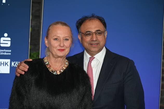 Producer Ute Biernat, CEO UFA Show Factual and Walid Nakschbandi, Managing Director Film und Medienstiftung NRW, l-r, arrive at the German Entertainment Award 2025 ceremony