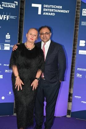 Producer Ute Biernat, CEO UFA Show Factual and Walid Nakschbandi, Managing Director Film und Medienstiftung NRW, l-r, arrive at the German Entertainment Award 2025 ceremony