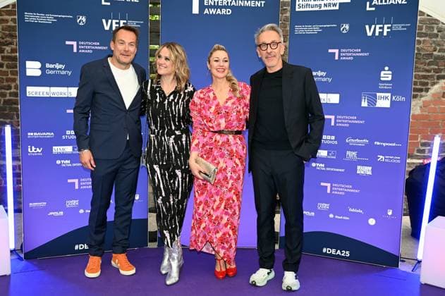 Rolf Hellgardt, Managing Director of Prime Productions, actress Lisa Feller, Ruth Moschner and Axel Kuehn, Managing Director of Tresor TV, attend the German Entertainment Award 2025 ceremony