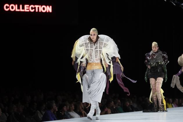 A model presents a creation during the Show 2025 end of year fashion show showcasing the creations of students from the bachelor s and master s degree of the fashion department of the Royal Academy of Fine Arts - AP Hogeschool, in Antwerp, Friday 06 June 2025.  KRISTOFxVANxACCOM 126317359