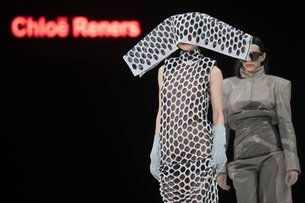 A model presents a creation from Chloe Reners during the Show 2025 end of year fashion show showcasing the creations of students from the bachelor s and master s degree of the fashion department of the Royal Academy of Fine Arts - AP Hogeschool, in Antwerp, Friday 06 June 2025.  KRISTOFxVANxACCOM 126328809