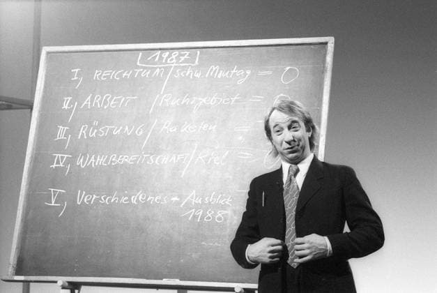 Archivbilder der Woche KW23 Richard Rogler (Kabarettist) 01 88 rag Richard Rogler während eines Auftritts im Januar 1988 bei Menschen 87 (ZDF) TV Fernsehen Fernsehshow Show Deutschland deutsch deutscher Mann Kabarett Comedy Humorist Humor Schauspieler Auftritt german comedian quer halb stehend lächelnd Kulisse Dekoration Deko Tafel Schultafel sw *** Richard Rogler cabaret artist 01 88 rag Richard Rogler during a performance in January 1988 at Menschen 87 ZDF TV television television show show Germany german german man cabaret comedy humor humorist humor actor appearance german comedian cross half standing smiling backdrop decoration decoration blackboard blackboard sw