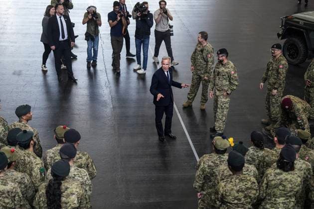 June 9, 2025, Toronto, On, Canada: Prime Minister Mark Carney speaks to service personnel after making an announcement as he visits Fort York Armoury in Toronto on Monday, June 9, 2025. Toronto Canada  - ZUMAc35_ 20250609_zaf_c35_053 Copyright: xChrisxYoungx