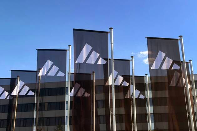 Adidas flags in front of the headquarters,Headquarters in Herzogenaurach,Herzo Base
