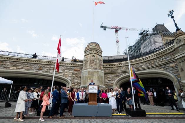 June 10, 2025, Ottawa, On, Canada: Prime Minister Mark Carney delivers remarks during a flag raising ceremony marking Pride Month on Parliament Hill in Ottawa, on Tuesday, June 10, 2025. Ottawa Canada  - ZUMAc35_ 20250610_zaf_c35_051 Copyright: xSpencerxColbyx