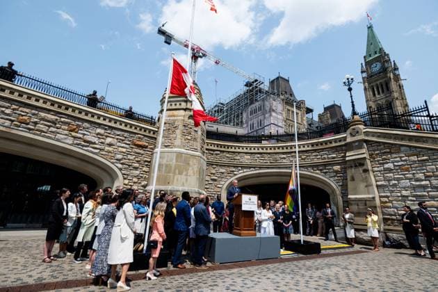 June 10, 2025, Ottawa, On, Canada: Prime Minister Mark Carney delivers remarks during a flag raising ceremony marking Pride Month on Parliament Hill in Ottawa, on Tuesday, June 10, 2025. Ottawa Canada  - ZUMAc35_ 20250610_zaf_c35_054 Copyright: xSpencerxColbyx