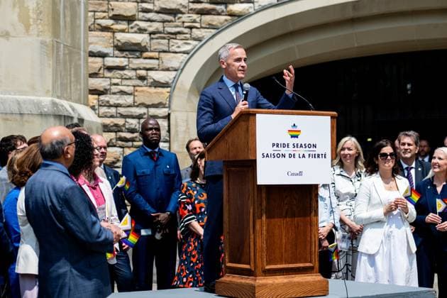 June 10, 2025, Ottawa, On, Canada: Prime Minister Mark Carney delivers remarks during a flag raising ceremony marking Pride Month on Parliament Hill in Ottawa, on Tuesday, June 10, 2025. Ottawa Canada  - ZUMAc35_ 20250610_zaf_c35_055 Copyright: xSpencerxColbyx